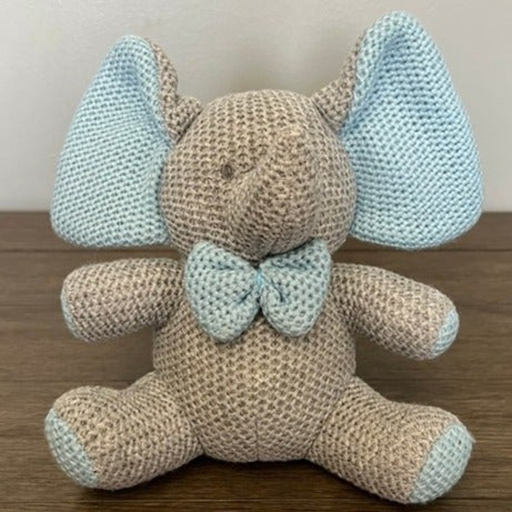 Modern Baby Elephant Plush Knit Stuffed Animal Grey Blue Bow Tie Nursery Toy